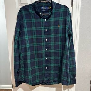 Ralph Lauren Men's Navy and Green Plaid Shirt
